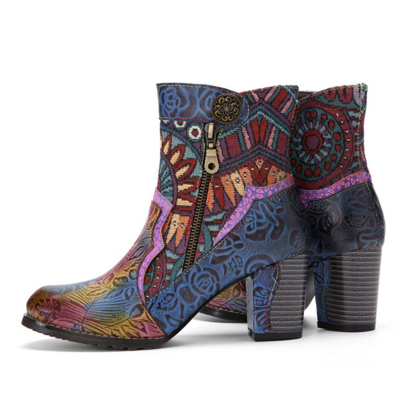 Böhmische Bedruckte Damen Patchwork Patchwork Seitenreißverschluss Weiche Bequeme Stiefeletten Mit Klobigem Absatz