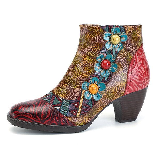 Böhmische Bequeme Damen Lederstiefel Mit Reißverschluss Und Blume