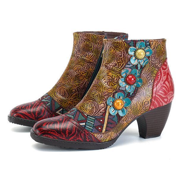 Böhmische Bequeme Damen Lederstiefel Mit Reißverschluss Und Blume