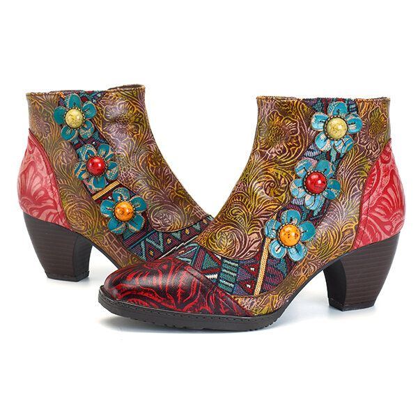 Böhmische Bequeme Damen Lederstiefel Mit Reißverschluss Und Blume