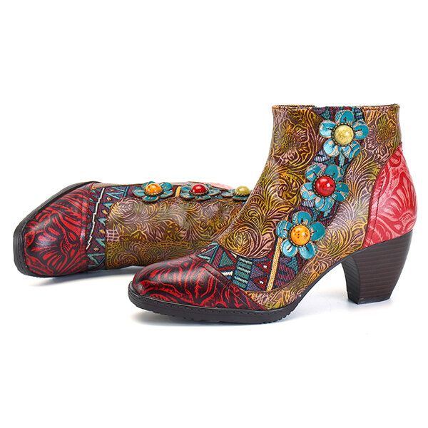 Böhmische Bequeme Damen Lederstiefel Mit Reißverschluss Und Blume