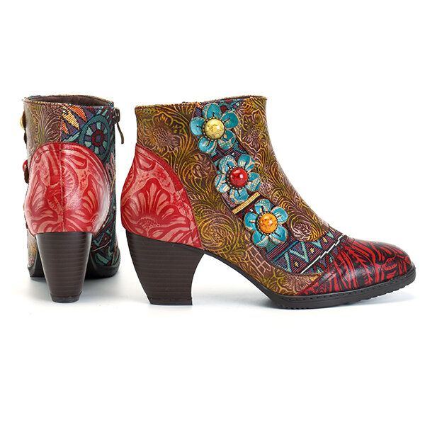 Böhmische Bequeme Damen Lederstiefel Mit Reißverschluss Und Blume