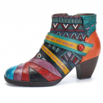 Bohemian Stitching Pattern Zipper Ankle Boots Damen Echtlederschuhe