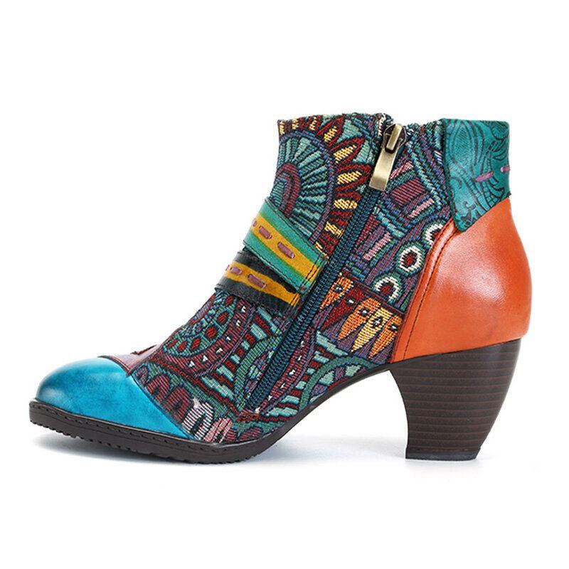 Bohemian Stitching Pattern Zipper Ankle Boots Damen Echtlederschuhe