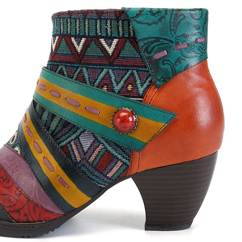 Bohemian Stitching Pattern Zipper Ankle Boots Damen Echtlederschuhe