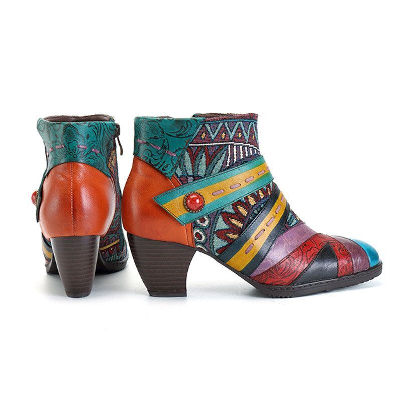 Bohemian Stitching Pattern Zipper Ankle Boots Damen Echtlederschuhe