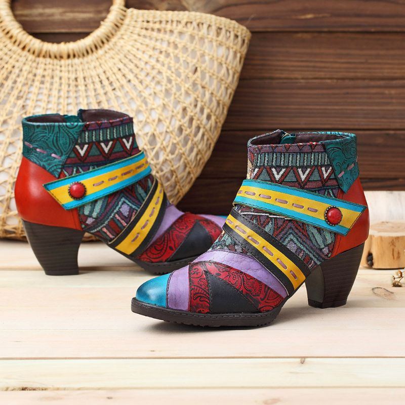 Bohemian Stitching Pattern Zipper Ankle Boots Damen Echtlederschuhe