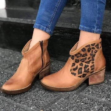 Casual Spleiß Leopard Seitenreißverschluss Chunky Heel Cowboy Stiefeletten Für Damen