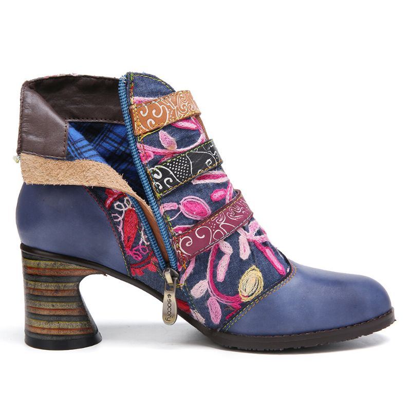 Damen Blumen Stickerei Spleißen Echtes Leder Tragbare Sohle Chunky Heel Stiefeletten