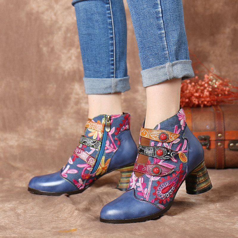 Damen Blumen Stickerei Spleißen Echtes Leder Tragbare Sohle Chunky Heel Stiefeletten