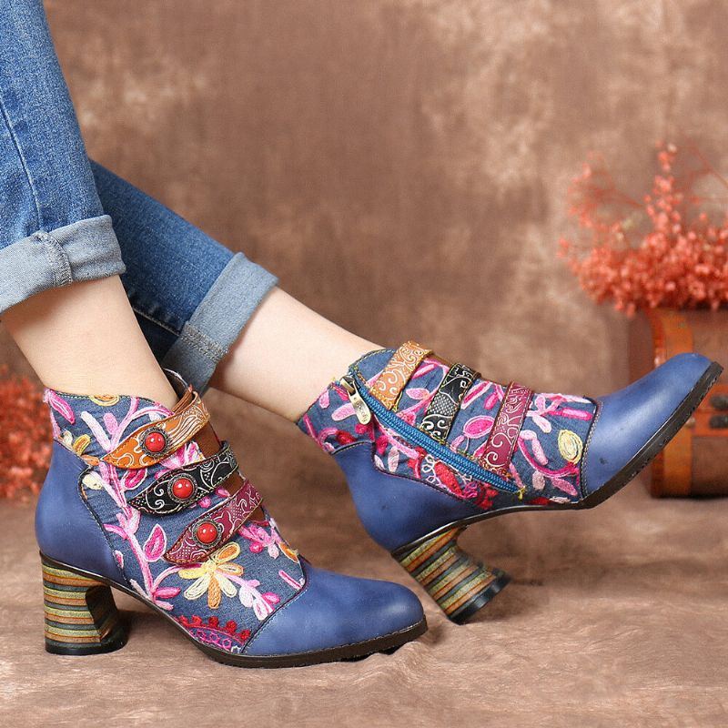 Damen Blumen Stickerei Spleißen Echtes Leder Tragbare Sohle Chunky Heel Stiefeletten