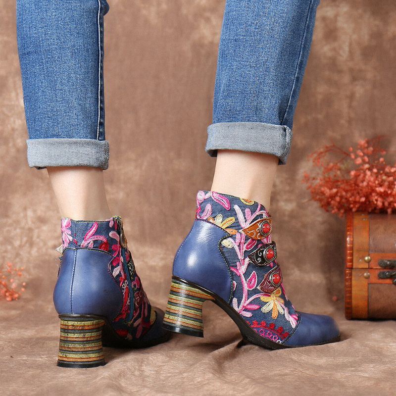 Damen Blumen Stickerei Spleißen Echtes Leder Tragbare Sohle Chunky Heel Stiefeletten