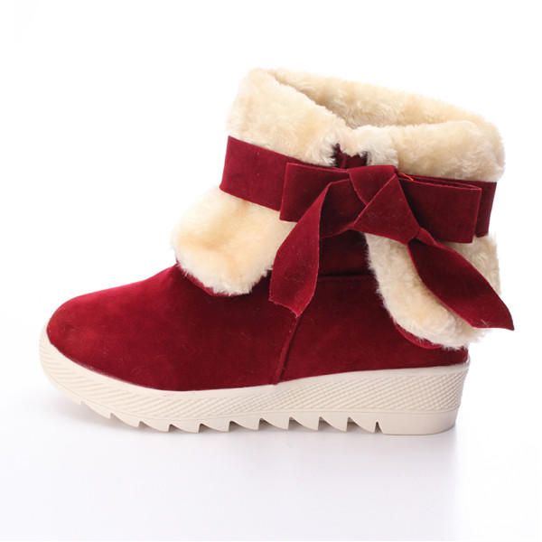 Damen Bowknot Faux Fur Gefütterte Comfort Flats Warm Snow Ankle Boots