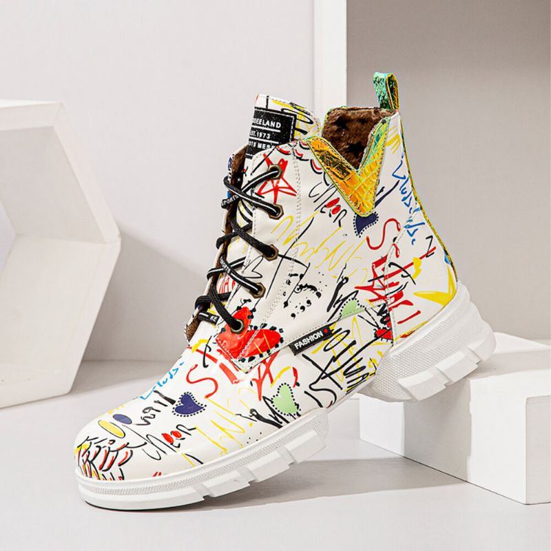 Damen Casual Graffiti Stytish Schnürstiefel Mit Dicker Unterseite Und Kurzer Wade