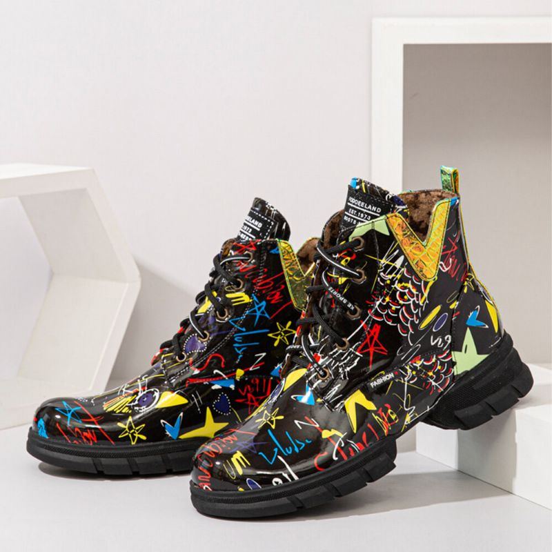 Damen Casual Graffiti Stytish Schnürstiefel Mit Dicker Unterseite Und Kurzer Wade