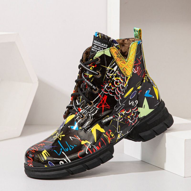 Damen Casual Graffiti Stytish Schnürstiefel Mit Dicker Unterseite Und Kurzer Wade