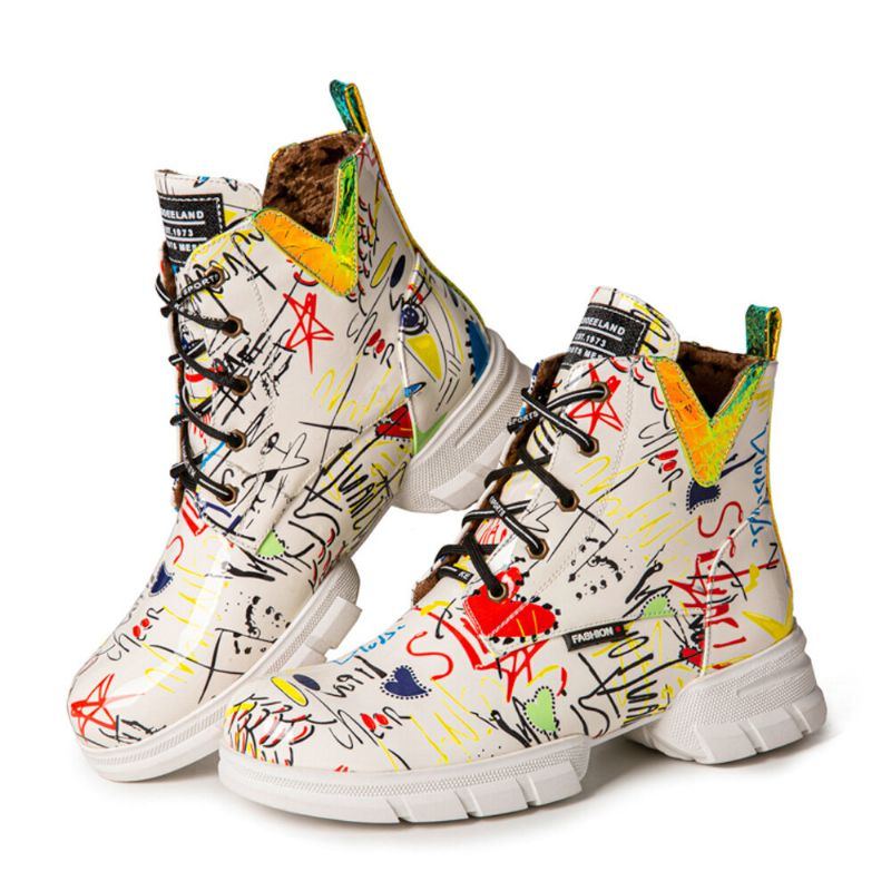 Damen Casual Graffiti Stytish Schnürstiefel Mit Dicker Unterseite Und Kurzer Wade