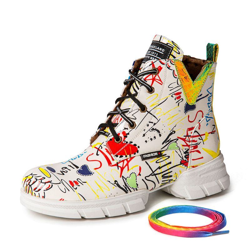 Damen Casual Graffiti Stytish Schnürstiefel Mit Dicker Unterseite Und Kurzer Wade