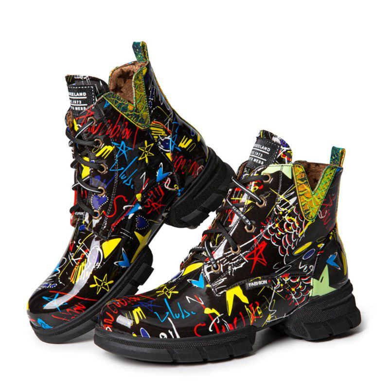 Damen Casual Graffiti Stytish Schnürstiefel Mit Dicker Unterseite Und Kurzer Wade