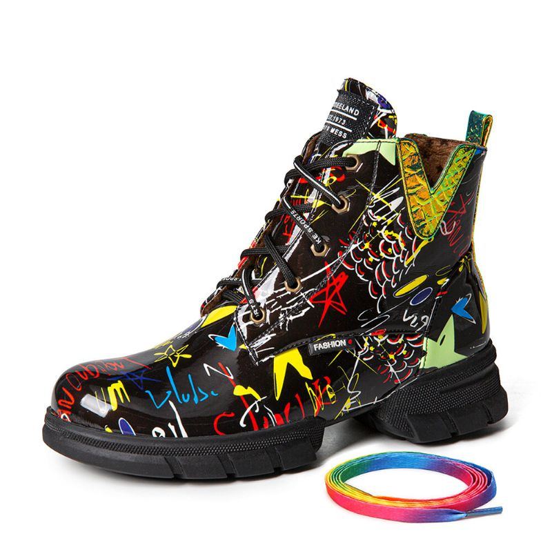 Damen Casual Graffiti Stytish Schnürstiefel Mit Dicker Unterseite Und Kurzer Wade