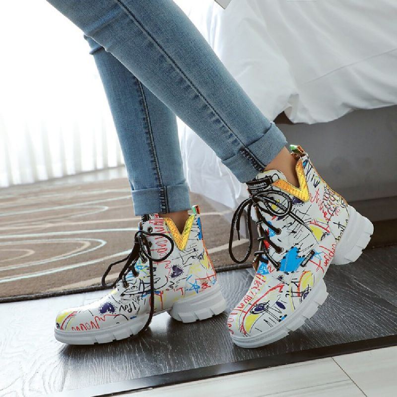 Damen Casual Graffiti Stytish Schnürstiefel Mit Dicker Unterseite Und Kurzer Wade