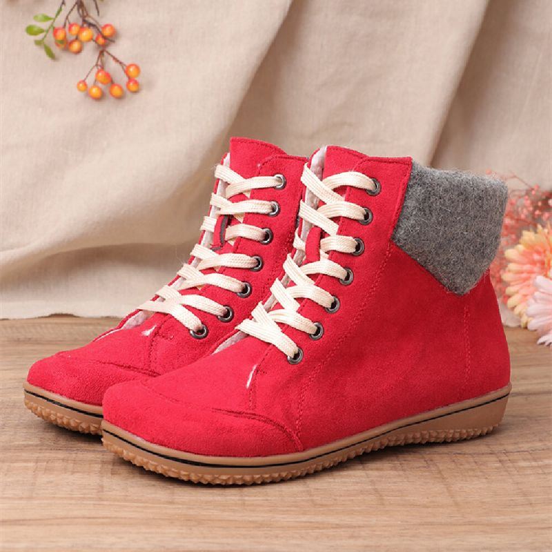 Damen Casual Woolen Splicing Warm Futter Lace Up Short Boots