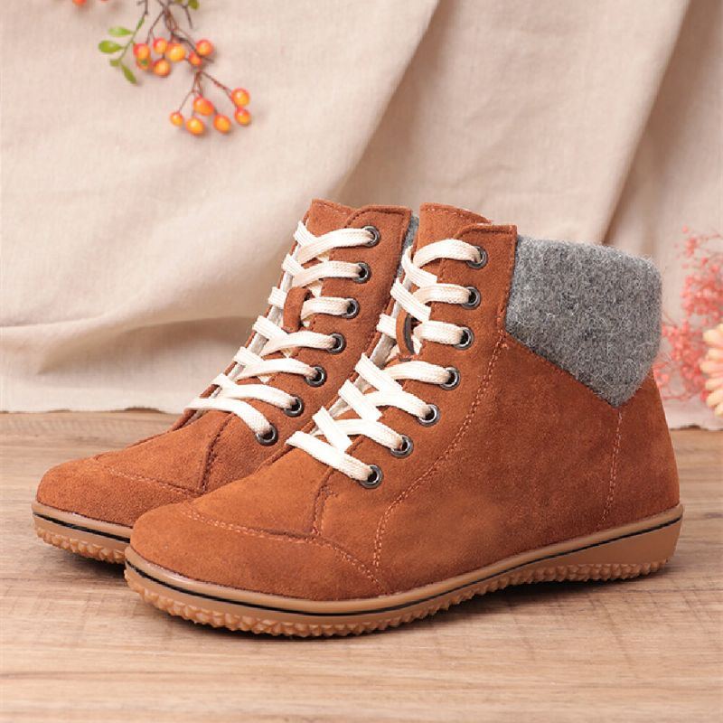 Damen Casual Woolen Splicing Warm Futter Lace Up Short Boots