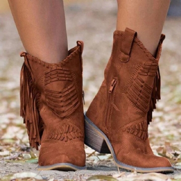 Damen Cowboy Stiefel Mit Seitlichem Reißverschluss Und Dickem Absatz Und Quaste In Übergröße