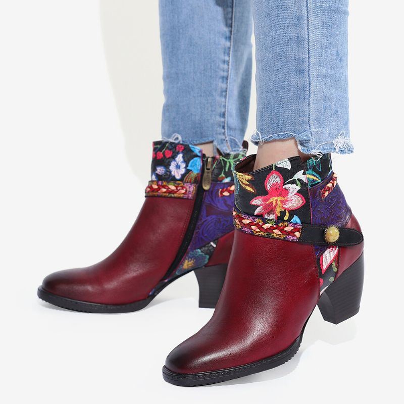 Damen Damen Blumen Burgund Schnalle Deco Karree Zehen Warm Gefütterte Reißverschluss Stiefeletten