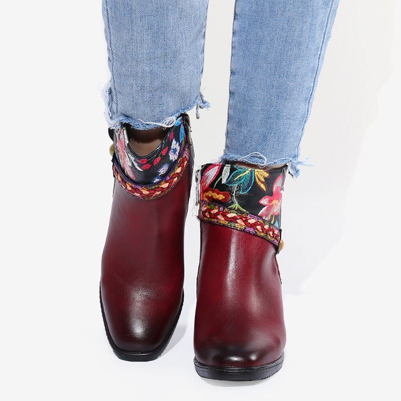 Damen Damen Blumen Burgund Schnalle Deco Karree Zehen Warm Gefütterte Reißverschluss Stiefeletten