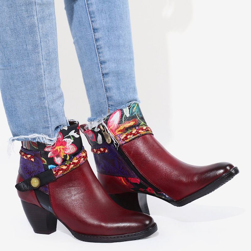 Damen Damen Blumen Burgund Schnalle Deco Karree Zehen Warm Gefütterte Reißverschluss Stiefeletten