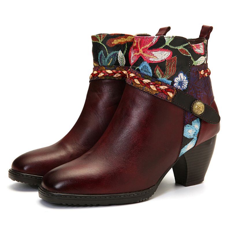 Damen Damen Blumen Burgund Schnalle Deco Karree Zehen Warm Gefütterte Reißverschluss Stiefeletten