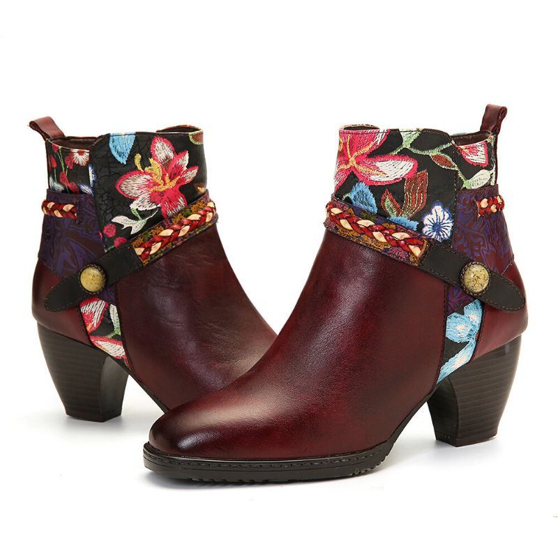 Damen Damen Blumen Burgund Schnalle Deco Karree Zehen Warm Gefütterte Reißverschluss Stiefeletten