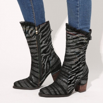 Damen Damen Spitzendesign Metallfarbe Zebramuster Spitze Zehen Reißverschluss Blockabsatz Westernstiefel