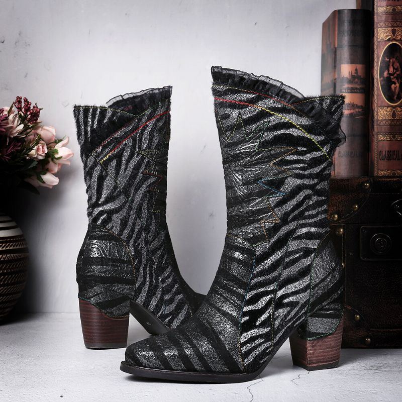 Damen Damen Spitzendesign Metallfarbe Zebramuster Spitze Zehen Reißverschluss Blockabsatz Westernstiefel