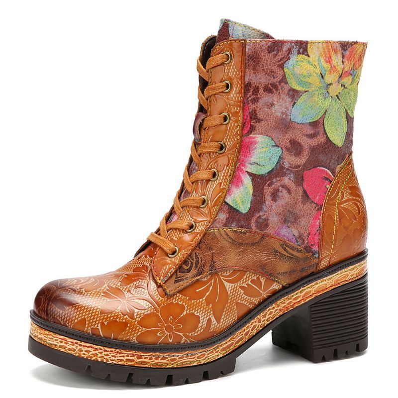 Damen Echtleder Farbige Blumen Muster Rundkopf Mid Tube Stiefel