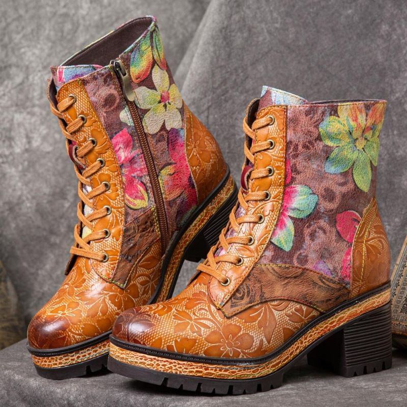 Damen Echtleder Farbige Blumen Muster Rundkopf Mid Tube Stiefel