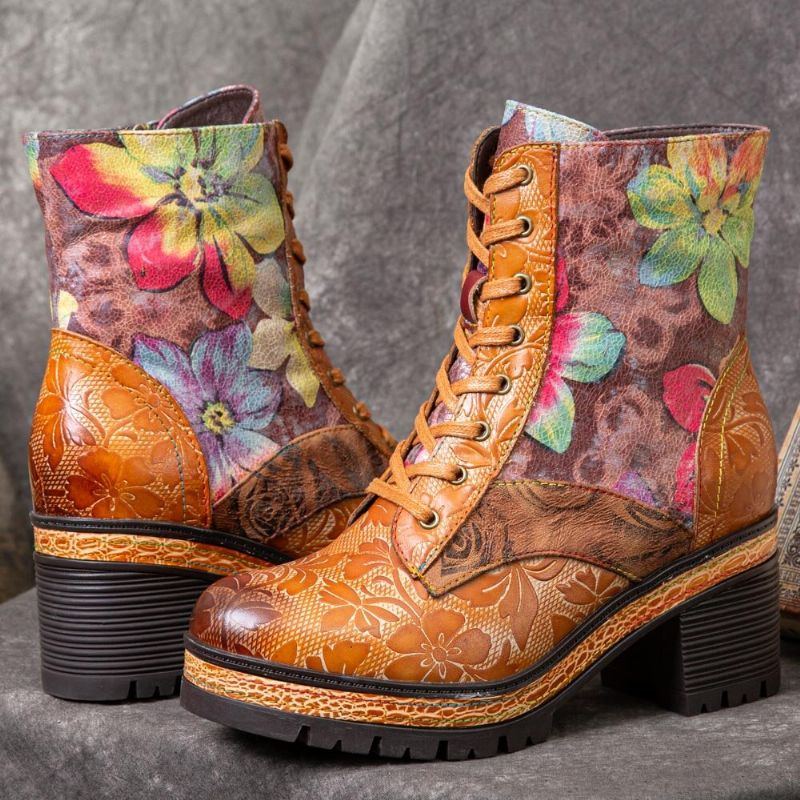 Damen Echtleder Farbige Blumen Muster Rundkopf Mid Tube Stiefel