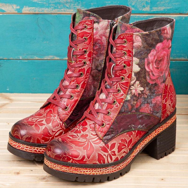 Damen Echtleder Farbige Blumen Muster Rundkopf Mid Tube Stiefel