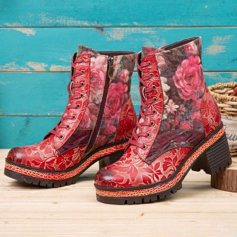 Damen Echtleder Farbige Blumen Muster Rundkopf Mid Tube Stiefel