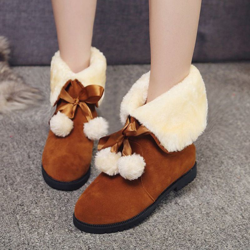 Damen Einfarbig Lässige Elegante Bommel Bowknot Warm Fluff Flanging Schneestiefel