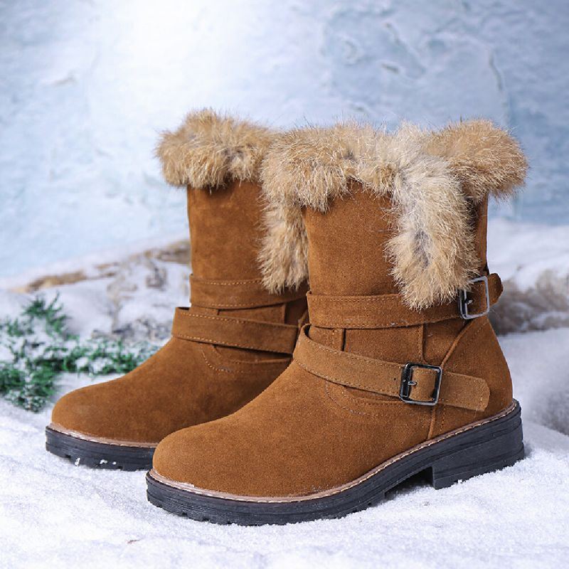 Damen Einfarbige Runde Zehe Beiläufige Elegante Schnallen Flusen Flansch Schneestiefel