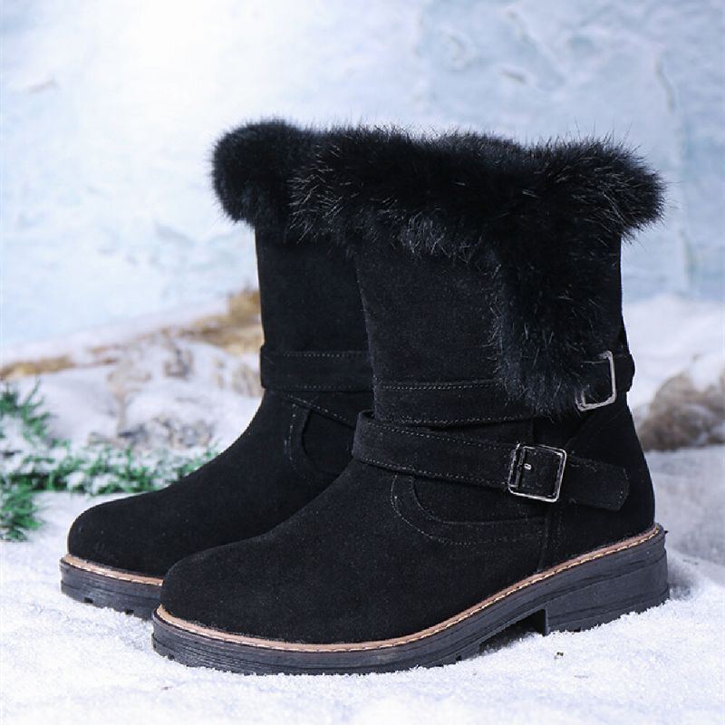 Damen Einfarbige Runde Zehe Beiläufige Elegante Schnallen Flusen Flansch Schneestiefel