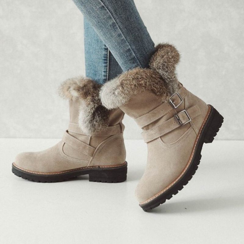 Damen Einfarbige Runde Zehe Beiläufige Elegante Schnallen Flusen Flansch Schneestiefel