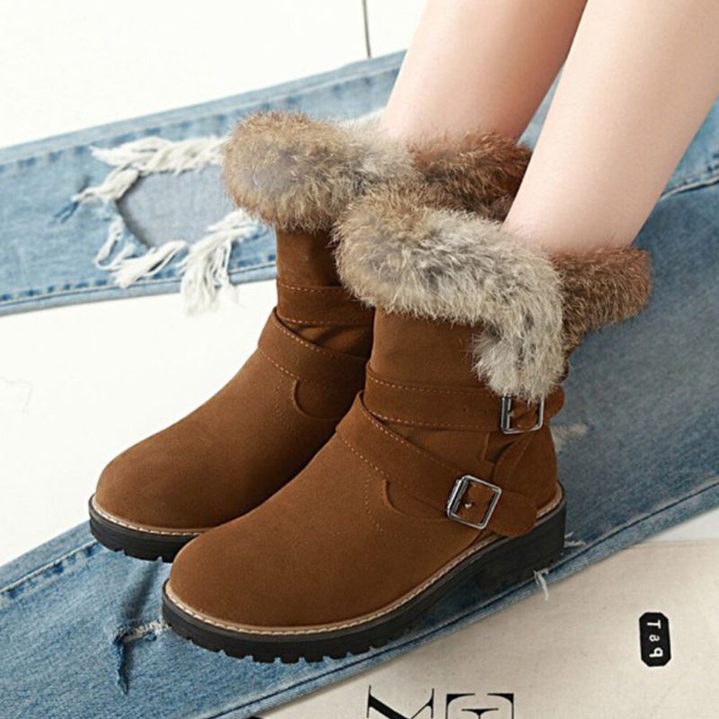 Damen Einfarbige Runde Zehe Beiläufige Elegante Schnallen Flusen Flansch Schneestiefel