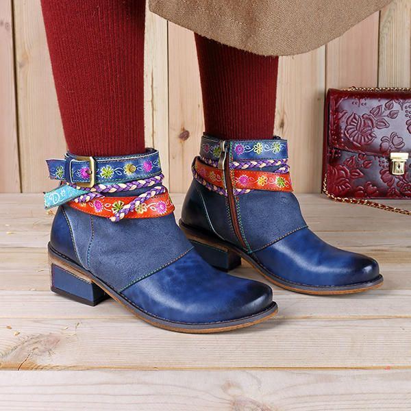 Damen Handgemachte Weaving Strap Ankle Boots Aus Leder