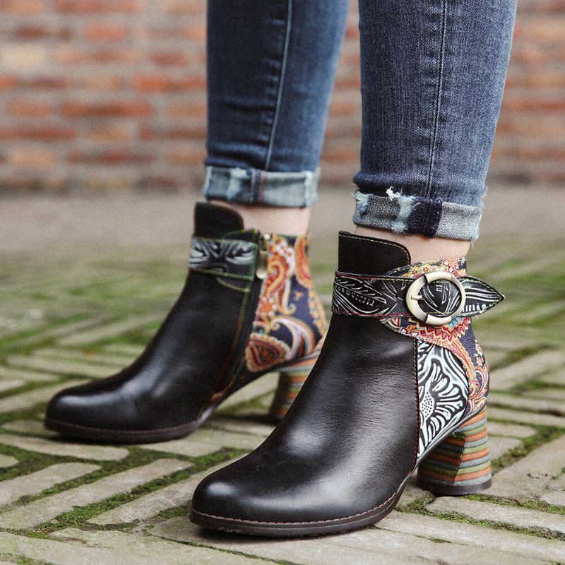 Damen Knöchelschnallenriemen Dekor Retro Blumendruck Gespleißtes Leder Bequeme Stiefeletten Mit Klobigem Absatz