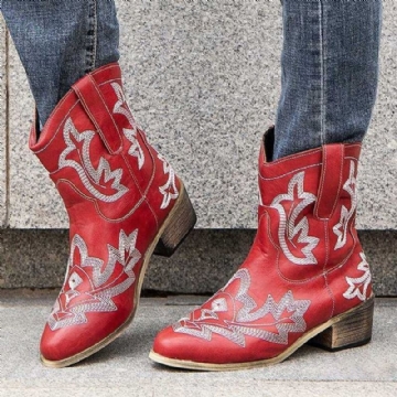 Damen Lässige Totem Stickerei Winter Warme Cowboystiefel Mit Spitzer Zehenpartie Und Mittlerer Wade