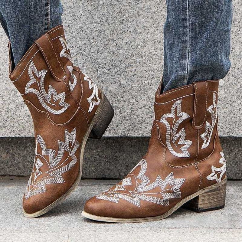 Damen Lässige Totem Stickerei Winter Warme Cowboystiefel Mit Spitzer Zehenpartie Und Mittlerer Wade