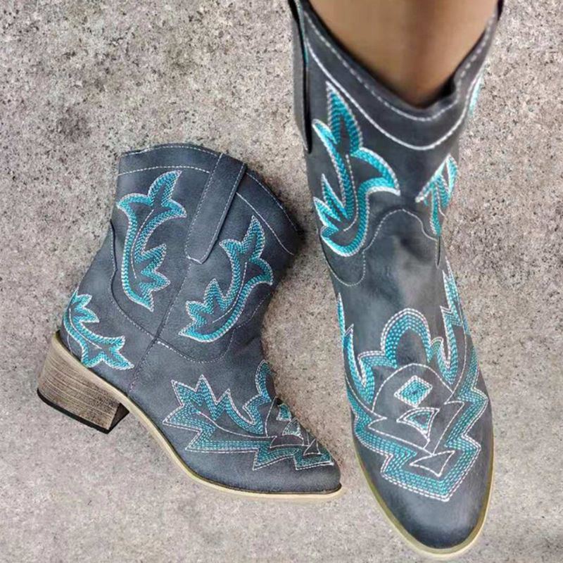 Damen Lässige Totem Stickerei Winter Warme Cowboystiefel Mit Spitzer Zehenpartie Und Mittlerer Wade